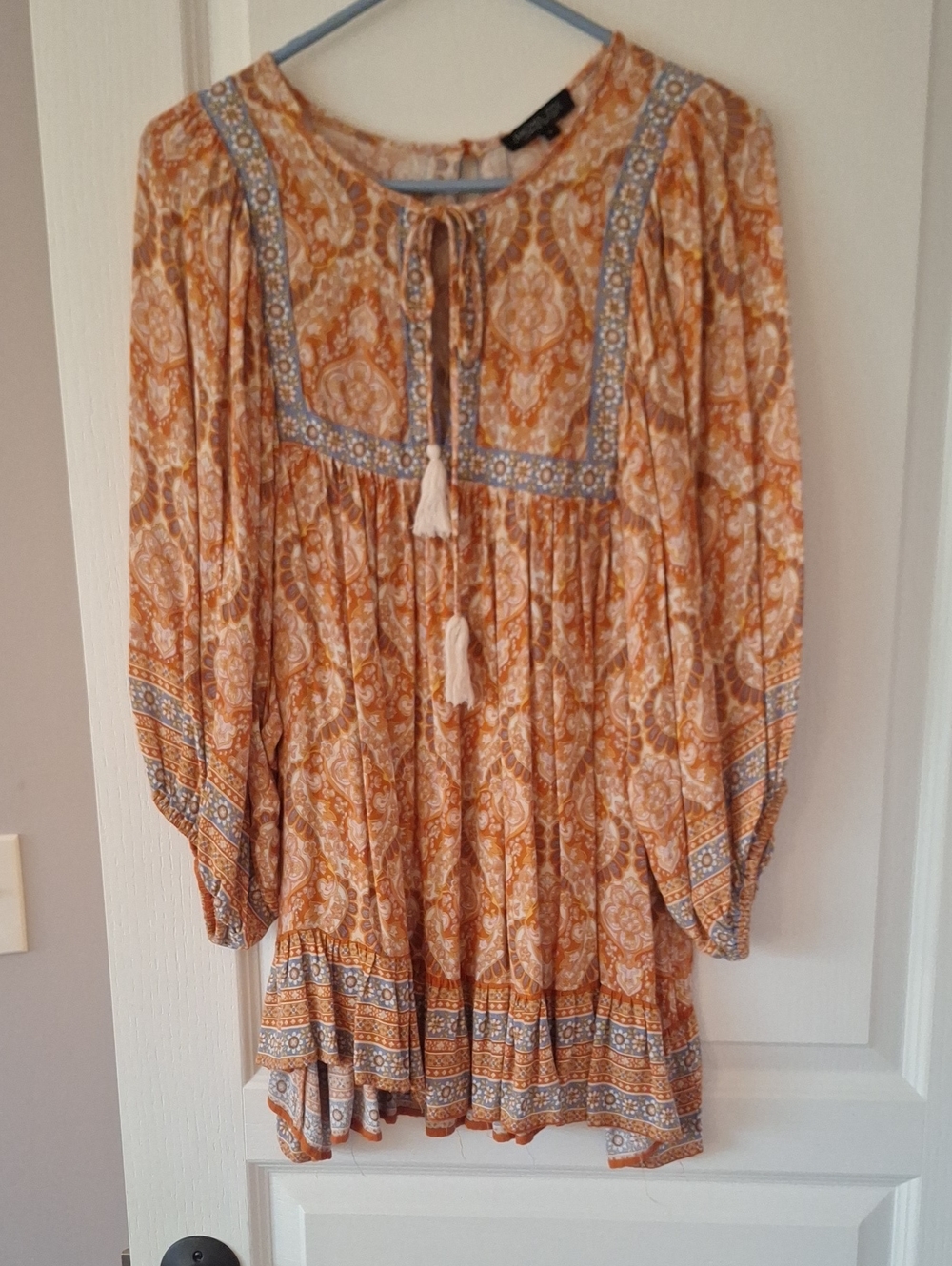 Boho Tassel Peasant Top in Rust Print